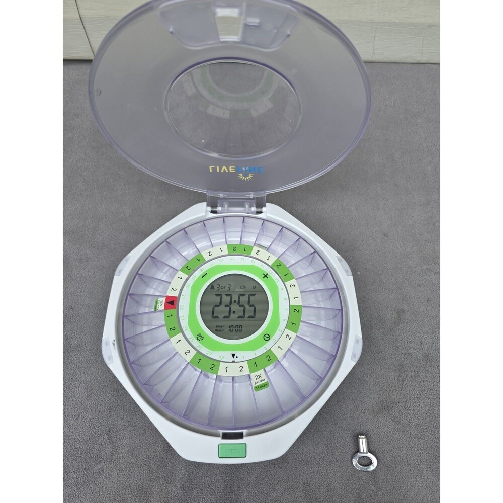 LiveFine Automatic Pill Dispenser White Clear Green Lock Compartment 28 Day